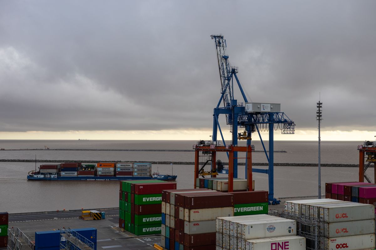 Freight cranes and containers at a shipping port